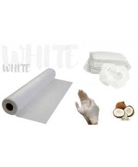 Набір одноразових витратних матеріалів білий: простирадло, рукавички, шапочки